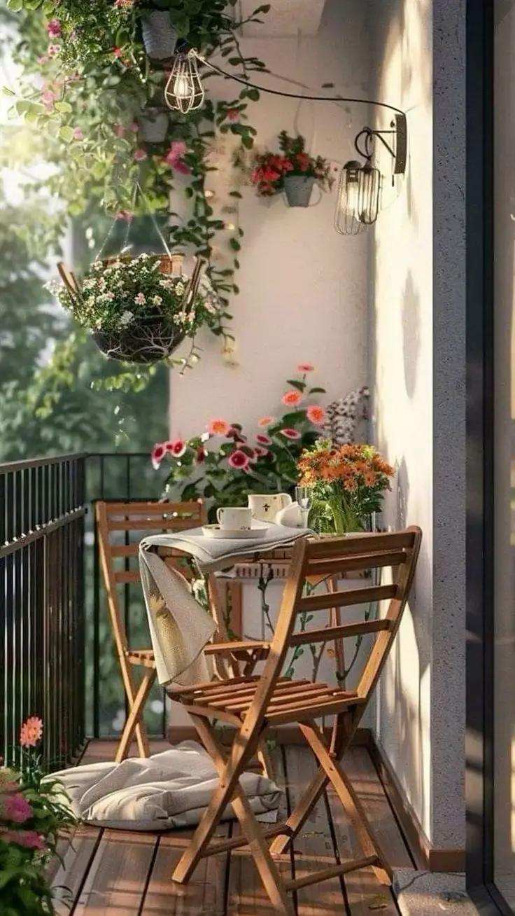 بالکن دنج با میز و صندلی‌های تاشوی چوبی، چای‌خوری روی میز، گلدان‌ها و سبدهای گل آویزان و چراغ‌های دیواری، در نور گرم عصرگاهی.