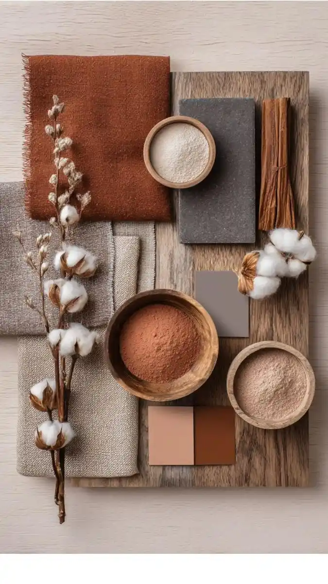 مoodboard رنگ و متریال با تم گرم و طبیعی: پارچههای بافتدار کرم و آجری، تخته چوبی، کاسههای چوبی حاوی پودرهای رنگی، شاخه پنبه، چوب دارچین و نمونهرنگهای خاکی و قهوهای.