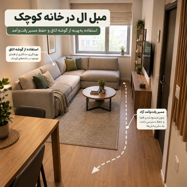 مبل ال جمعوجور در گوشه نشیمن یک خانه کوچک