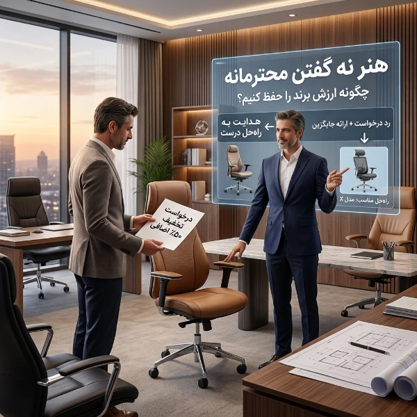 مدیر کسبوکار در حال آموزش مهارت نه گفتن محترمانه به مشتری با استفاده از استراتژی ارائه جایگزین در دفتر کار