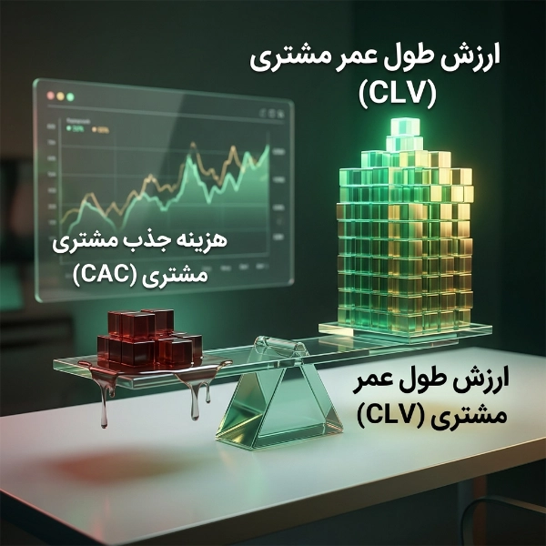 یک تصویر سازی دادهمحور که یک ترازوی شیشهای را نشان میدهد؛ سمت راست با بلوکهای سبز بلند و متن 'CLV' (ارزش طول عمر) سنگینی میکند و سمت چپ با بلوکهای قرمز کوچک و متن 'CAC' (هزینه جذب) سبکتر است