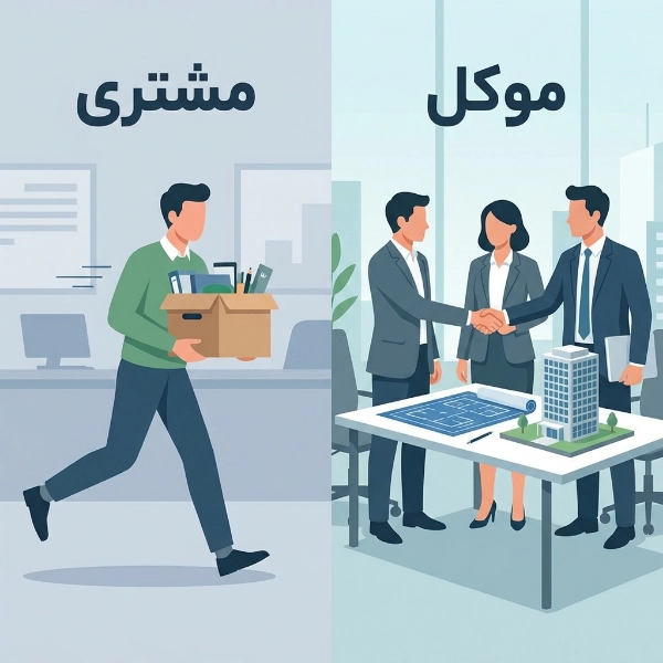 یک تصویر مقایسهای که در سمت چپ یک مشتری عجول با جعبه خرید (تراکنش یکباره) و در سمت راست یک تیم حرفهای در حال دست دادن روی نقشههای ساختمانی (رابطه موکل بلندمدت) را نشان میدهد