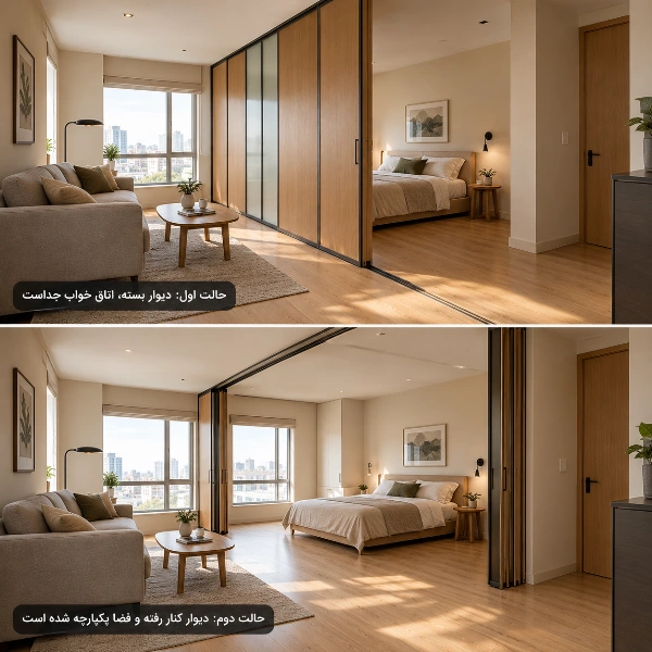 دیوار کشویی چوبی در آپارتمان کوچک که با باز شدن آن فضای خواب و نشیمن به یکدیگر متصل میشوند.