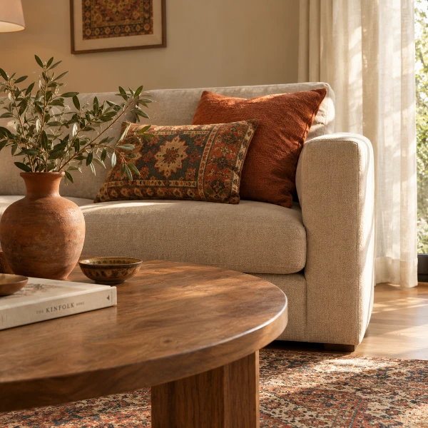 نشیمن کرم با کوسنهای آجری و سبز زیتونی، میز چوبی و گلدان سفالی